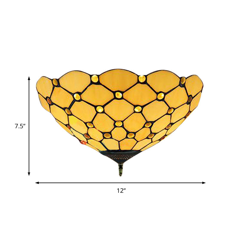 Beige/Black Bowl-Shaped Ceiling Light Fixture Tiffany Stained Glass 1/2 Lights Flushmount Ceiling Light Clearhalo 'Ceiling Lights' 'Close To Ceiling Lights' 'Close to ceiling' 'Flush mount' Lighting' 182203