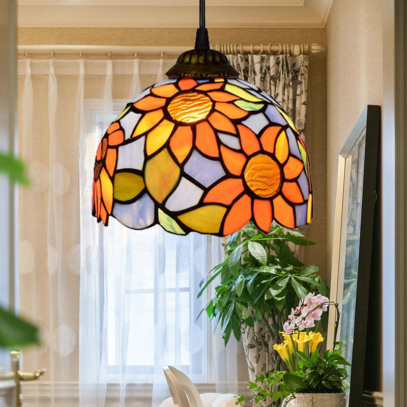1 Bulb Pendant Lighting Tiffany-Style Domed Orange-Blue Stained Glass Ceiling Hanging Light Clearhalo 'Ceiling Lights' 'Close To Ceiling Lights' 'Industrial' 'Middle Century Pendants' 'Pendant Lights' 'Pendants' 'Tiffany close to ceiling' 'Tiffany Pendants' 'Tiffany' Lighting' 182330