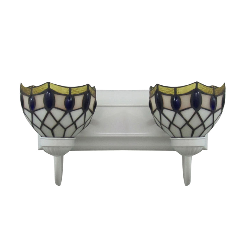 White Dome Sconce Light Tiffany 2 Heads Stained Glass Wall Mount Light with Blue Gem Decoration Clearhalo 'Industrial' 'Middle century wall lights' 'Tiffany wall lights' 'Tiffany' 'Wall Lamps & Sconces' 'Wall Lights' Lighting' 182337