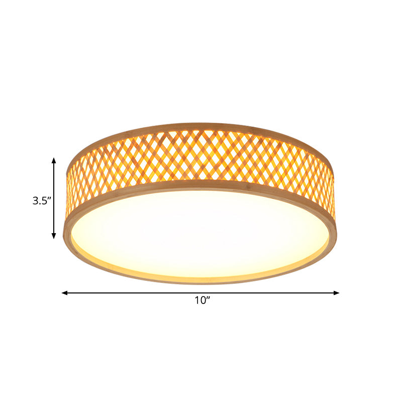 Asian Stylish Cross Woven Flushmount Light with Drum Shade Bamboo 10"/14" W LED Indoor Ceiling Lamp in Beige, Warm/White Light Clearhalo 'Ceiling Lights' 'Close To Ceiling Lights' 'Close to ceiling' 'Flush mount' Lighting' 182437