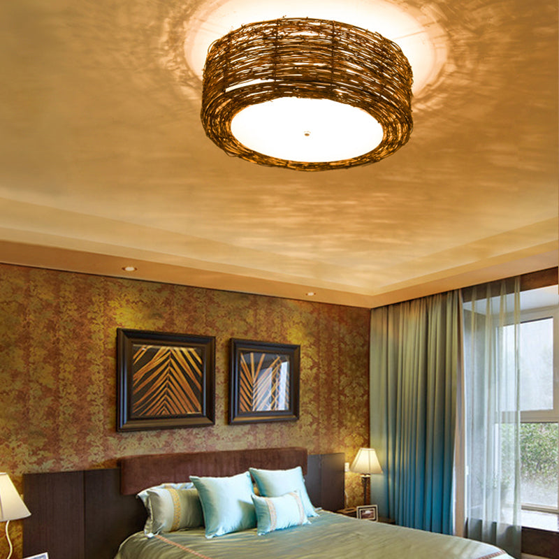 Hand-Woven Flush Mount Lamp with Round Shade Modern Rattan 3 Lights Bedroom Ceiling Light Fixture in Brown, 16"/19.5" W Clearhalo 'Ceiling Lights' 'Close To Ceiling Lights' 'Close to ceiling' 'Flush mount' Lighting' 182440