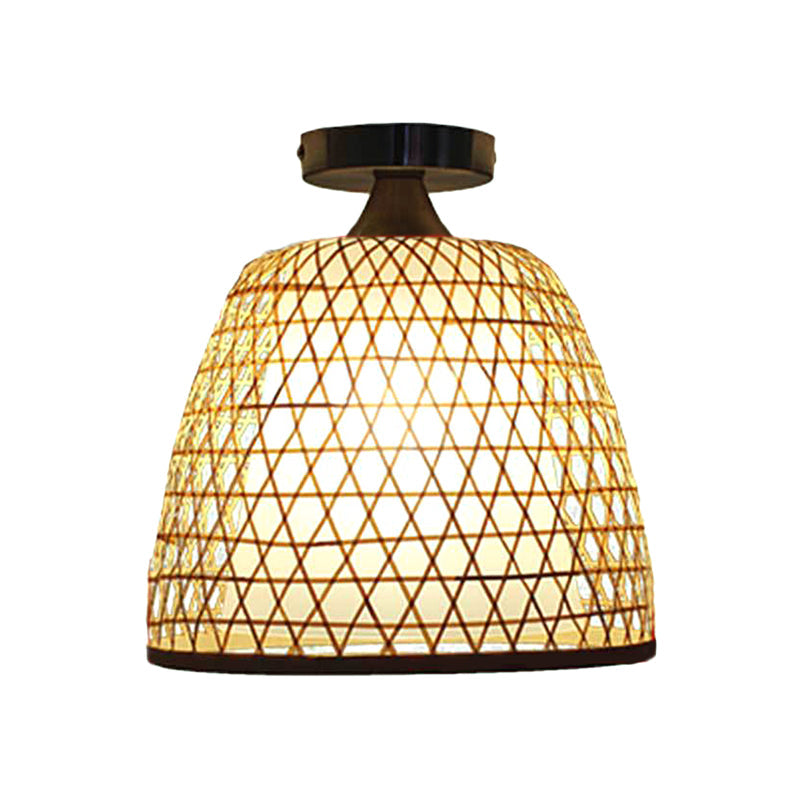 Bamboo Bucket Shade Semi Flush Light Lodge Stylish 1-Light Beige Ceiling Flush Lighting for Corridor Clearhalo 'Ceiling Lights' 'Close To Ceiling Lights' 'Close to ceiling' 'Semi-flushmount' Lighting' 182476
