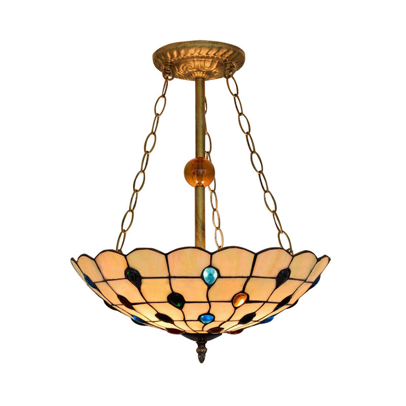 Beige/Clear/Yellow Bowl Shade Semi Flush Ceiling Fixture Retro Style Stained Glass 1 Light Ceiling Light Fixture with Jewel Pattern Clearhalo 'Ceiling Lights' 'Close To Ceiling Lights' 'Close to ceiling' 'Glass shade' 'Glass' 'Semi-flushmount' 'Tiffany close to ceiling' 'Tiffany' Lighting' 182597