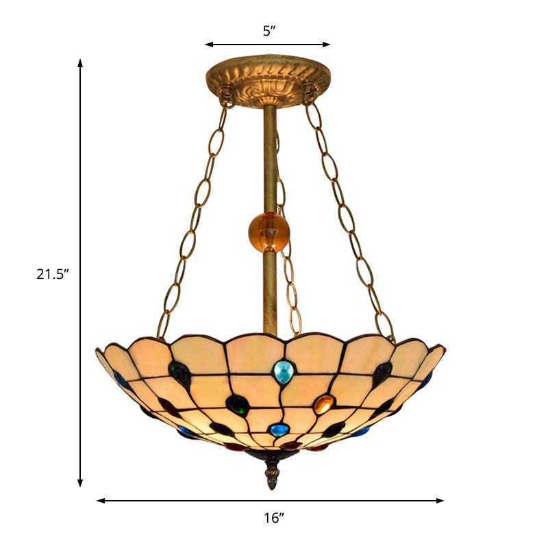 Beige/Clear/Yellow Bowl Shade Semi Flush Ceiling Fixture Retro Style Stained Glass 1 Light Ceiling Light Fixture with Jewel Pattern Clearhalo 'Ceiling Lights' 'Close To Ceiling Lights' 'Close to ceiling' 'Glass shade' 'Glass' 'Semi-flushmount' 'Tiffany close to ceiling' 'Tiffany' Lighting' 182598