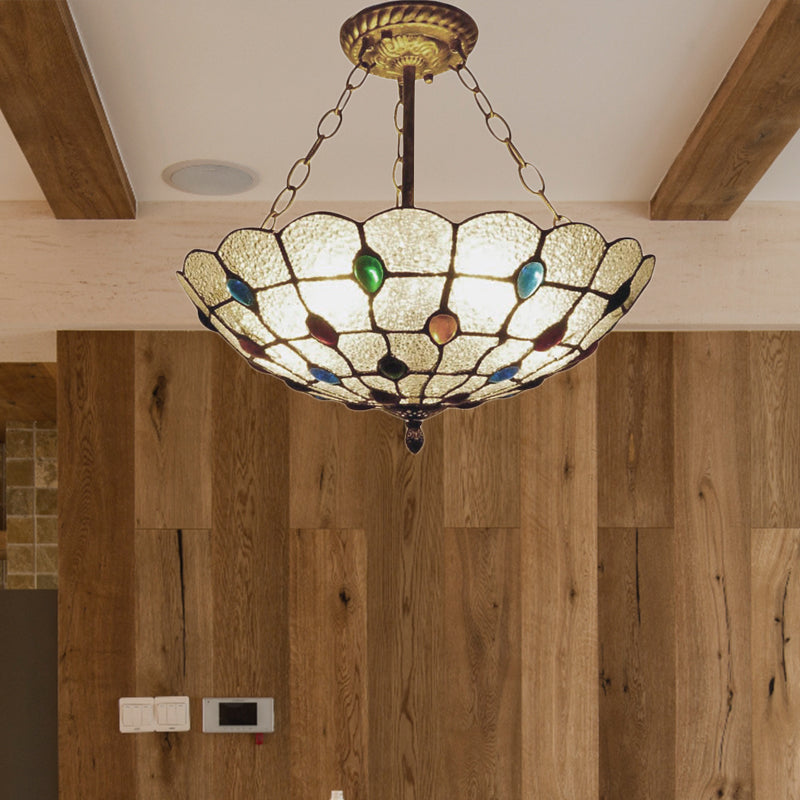 Beige/Clear/Yellow Bowl Shade Semi Flush Ceiling Fixture Retro Style Stained Glass 1 Light Ceiling Light Fixture with Jewel Pattern Clear 16" Clearhalo 'Ceiling Lights' 'Close To Ceiling Lights' 'Close to ceiling' 'Glass shade' 'Glass' 'Semi-flushmount' 'Tiffany close to ceiling' 'Tiffany' Lighting' 182609