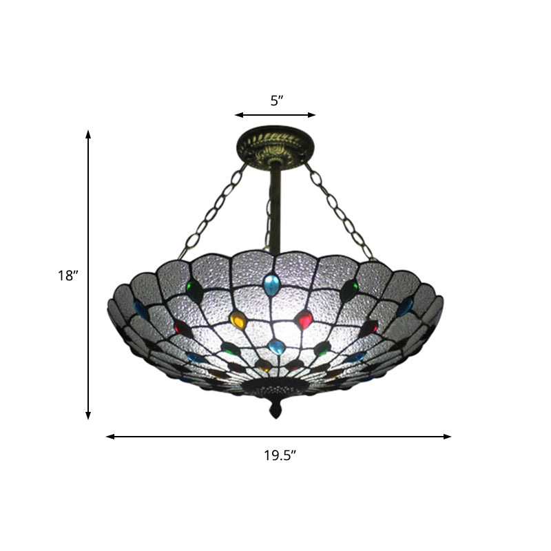 Beige/Clear/Yellow Bowl Shade Semi Flush Ceiling Fixture Retro Style Stained Glass 1 Light Ceiling Light Fixture with Jewel Pattern Clearhalo 'Ceiling Lights' 'Close To Ceiling Lights' 'Close to ceiling' 'Glass shade' 'Glass' 'Semi-flushmount' 'Tiffany close to ceiling' 'Tiffany' Lighting' 182617