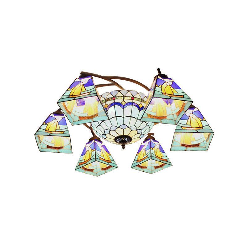 Lodge Geometric Chandelier Light Stained Glass Colorful Inverted Chandelier in Yellow and Blue for Living Room Clearhalo 'Ceiling Lights' 'Chandeliers' 'Close To Ceiling Lights' 'Close to ceiling' 'Glass shade' 'Glass' 'Semi-flushmount' 'Tiffany close to ceiling' 'Tiffany' Lighting' 182652