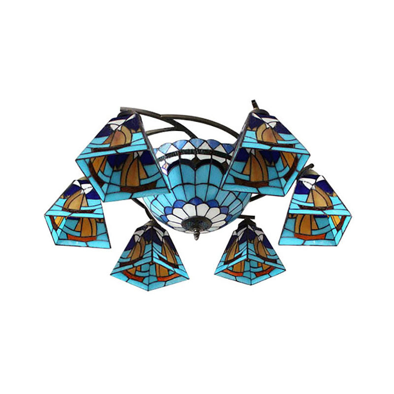 Lodge Geometric Chandelier Light Stained Glass Colorful Inverted Chandelier in Yellow and Blue for Living Room Clearhalo 'Ceiling Lights' 'Chandeliers' 'Close To Ceiling Lights' 'Close to ceiling' 'Glass shade' 'Glass' 'Semi-flushmount' 'Tiffany close to ceiling' 'Tiffany' Lighting' 182653