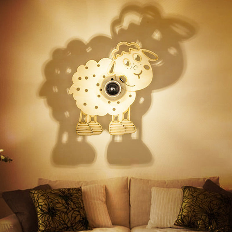 Metal Sheep Wall Light Bedroom Kindergarten 1 Head Kids Wall Sconce in Beige Wood Large Clearhalo 'Wall Lamps & Sconces' 'Wall Lights' Lighting' 183388
