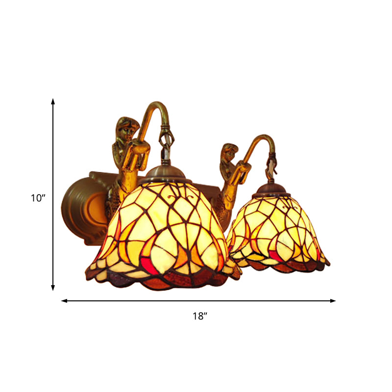 2 Heads Dome Sconce Lighting Tiffany 2 Head Beige Glass Wall Mount Light with Mermaid Backplate Clearhalo 'Industrial' 'Middle century wall lights' 'Tiffany wall lights' 'Tiffany' 'Wall Lamps & Sconces' 'Wall Lights' Lighting' 183483