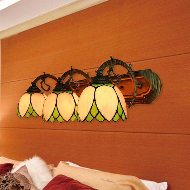 3 Heads Scallop Vanity Light Tiffany Stained Glass Decorative Wall Fixture Light in Pink Pink Clearhalo 'Industrial' 'Middle century wall lights' 'Tiffany wall lights' 'Tiffany' 'Wall Lamps & Sconces' 'Wall Lights' Lighting' 183494
