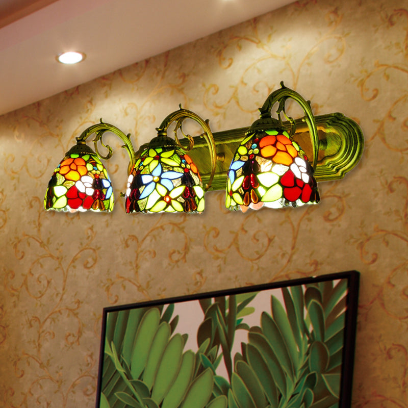 Rustic Dome-Shaped Wall Lighting Stained Glass 3 Lights Colorful Wall Sconce Lighting with Flower Pattern Antique Brass Clearhalo 'Industrial' 'Middle century wall lights' 'Tiffany wall lights' 'Tiffany' 'Wall Lamps & Sconces' 'Wall Lights' Lighting' 183503
