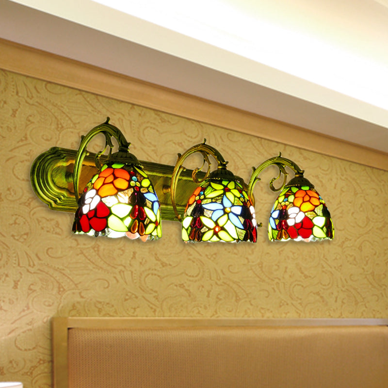 Rustic Dome-Shaped Wall Lighting Stained Glass 3 Lights Colorful Wall Sconce Lighting with Flower Pattern Clearhalo 'Industrial' 'Middle century wall lights' 'Tiffany wall lights' 'Tiffany' 'Wall Lamps & Sconces' 'Wall Lights' Lighting' 183504