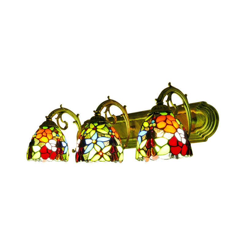 Rustic Dome-Shaped Wall Lighting Stained Glass 3 Lights Colorful Wall Sconce Lighting with Flower Pattern Clearhalo 'Industrial' 'Middle century wall lights' 'Tiffany wall lights' 'Tiffany' 'Wall Lamps & Sconces' 'Wall Lights' Lighting' 183505