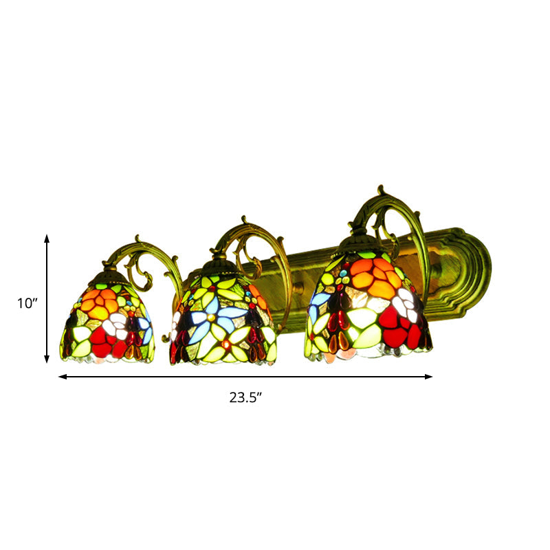 Rustic Dome-Shaped Wall Lighting Stained Glass 3 Lights Colorful Wall Sconce Lighting with Flower Pattern Clearhalo 'Industrial' 'Middle century wall lights' 'Tiffany wall lights' 'Tiffany' 'Wall Lamps & Sconces' 'Wall Lights' Lighting' 183507