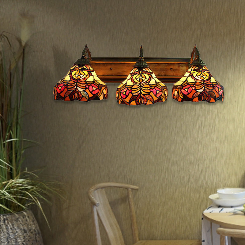 Stained Glass Flower Wall Sconces 3 Lights Tiffany Rustic Wall Lamp in Brass for Hotel Clearhalo 'Industrial' 'Middle century wall lights' 'Tiffany wall lights' 'Tiffany' 'Wall Lamps & Sconces' 'Wall Lights' Lighting' 183509