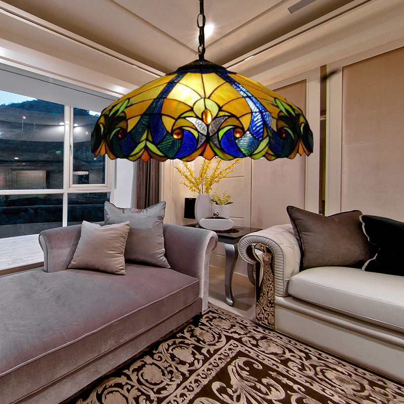 Tiffany Pendant Lighting Stained Glass 18" Wide Hanging Light with Adjustable Chains for Living Room Yellow Clearhalo 'Ceiling Lights' 'Industrial' 'Middle Century Pendants' 'Pendant Lights' 'Pendants' 'Tiffany close to ceiling' 'Tiffany Pendants' 'Tiffany' Lighting' 183615