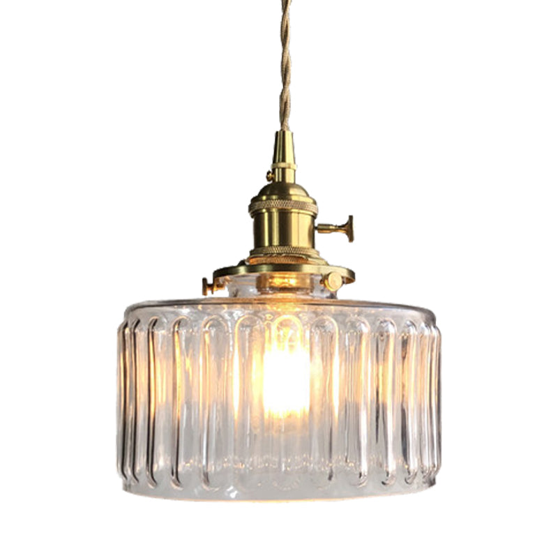 Drum Shape Pendant Light 1 Head Modern Stylish Fluted Glass Hanging Lamp for Gallery Clearhalo 'Ceiling Lights' 'Glass shade' 'Glass' 'Modern Pendants' 'Modern' 'Pendant Lights' 'Pendants' Lighting' 183777