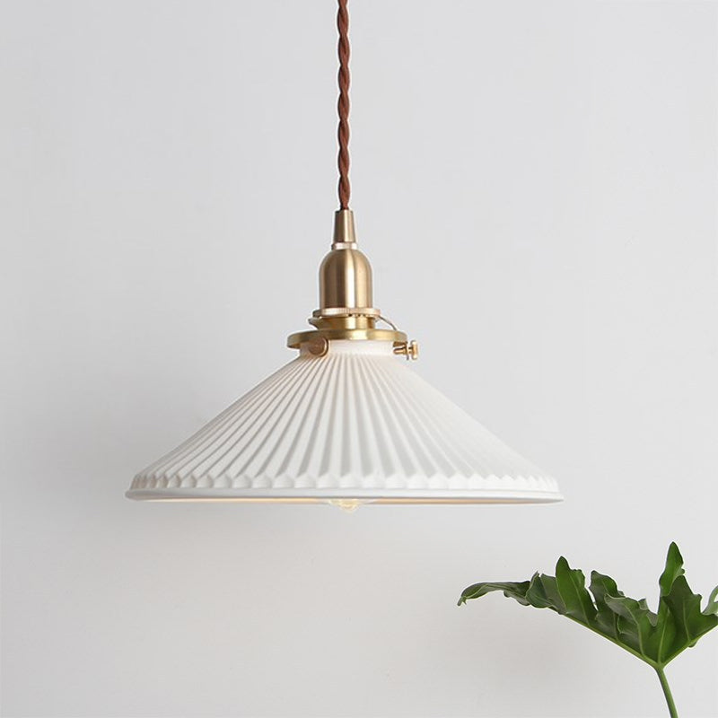 Ridged Cone Dining Room Pendant Light Ceramics 1 Light Simple Style Pendant Lamp in White White Clearhalo 'Ceiling Lights' 'Modern Pendants' 'Modern' 'Pendant Lights' 'Pendants' Lighting' 183798