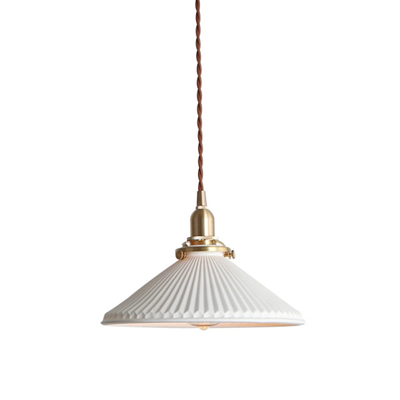 Ridged Cone Dining Room Pendant Light Ceramics 1 Light Simple Style Pendant Lamp in White Clearhalo 'Ceiling Lights' 'Modern Pendants' 'Modern' 'Pendant Lights' 'Pendants' Lighting' 183800