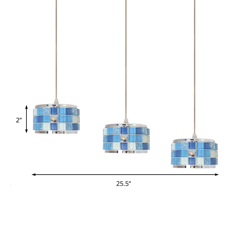Mediterranean Drum Hanging Lamp 3 Lights Blue Crystal Ceiling Pendant Light with Mosaic Design, Round/Linear Canopy Clearhalo 'Ceiling Lights' 'Close To Ceiling Lights' 'Industrial' 'Middle Century Pendants' 'Pendant Lights' 'Pendants' 'Tiffany close to ceiling' 'Tiffany Pendants' 'Tiffany' Lighting' 184213