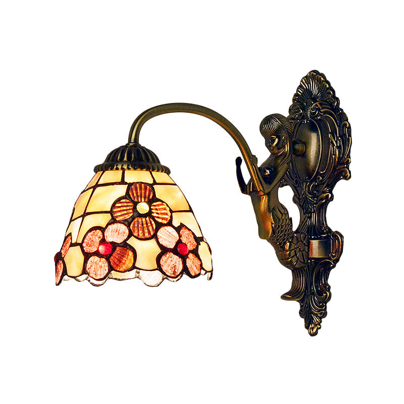 Floral Sconce Light Fixture Tiffany Beige Glass 1 Head Bedroom Wall Mount Lighting Clearhalo 'Industrial' 'Middle century wall lights' 'Tiffany wall lights' 'Tiffany' 'Wall Lamps & Sconces' 'Wall Lights' Lighting' 184294