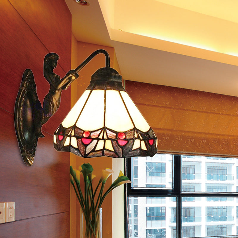 Beige Glass Cone Wall Mounted Light Tiffany 1 Head Antique Bronze Sconce Light for Hallway Beige Clearhalo 'Industrial' 'Middle century wall lights' 'Tiffany wall lights' 'Tiffany' 'Wall Lamps & Sconces' 'Wall Lights' Lighting' 184377