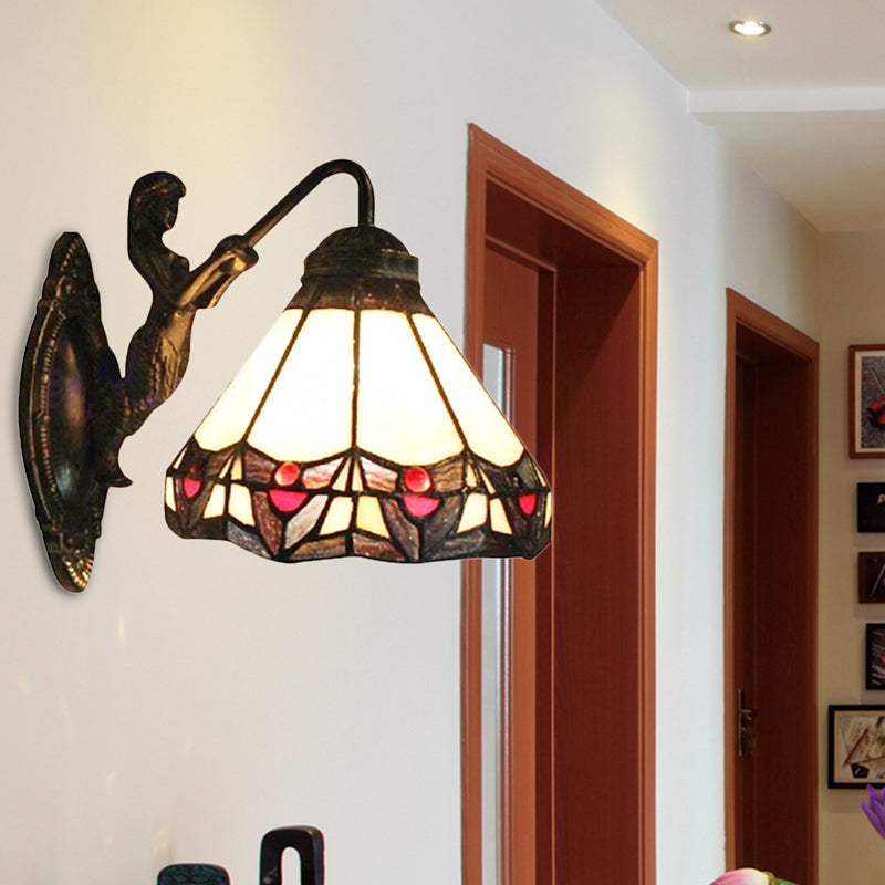 Beige Glass Cone Wall Mounted Light Tiffany 1 Head Antique Bronze Sconce Light for Hallway Clearhalo 'Industrial' 'Middle century wall lights' 'Tiffany wall lights' 'Tiffany' 'Wall Lamps & Sconces' 'Wall Lights' Lighting' 184378