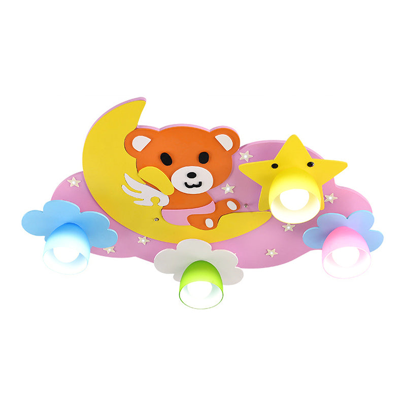 Cartoon Night View Ceiling Light with Toy Bear Wood 4 Lights Flushmount Light for Game Room Clearhalo 'Ceiling Lights' 'Close To Ceiling Lights' 'Close to ceiling' 'Flush mount' Lighting' 184423