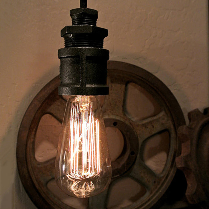 Exposed Bulb Hallway Pendant Light Industrial Metallic 1 Light Black Ceiling Fixture with Water Pipe Black Clearhalo 'Art Deco Pendants' 'Black' 'Cast Iron' 'Ceiling Lights' 'Ceramic' 'Crystal' 'Industrial Pendants' 'Industrial' 'Metal' 'Middle Century Pendants' 'Pendant Lights' 'Pendants' 'Rustic Pendants' 'Tiffany' Lighting' 184540