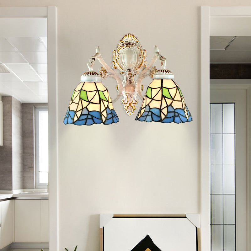 2 Lights Bell Wall Fixture Light Lodge Stained Glass Flower Wall Sconce Lighting for Bedroom Lighting Beige Clearhalo 'Industrial' 'Middle century wall lights' 'Tiffany wall lights' 'Tiffany' 'Wall Lamps & Sconces' 'Wall Lights' Lighting' 184593