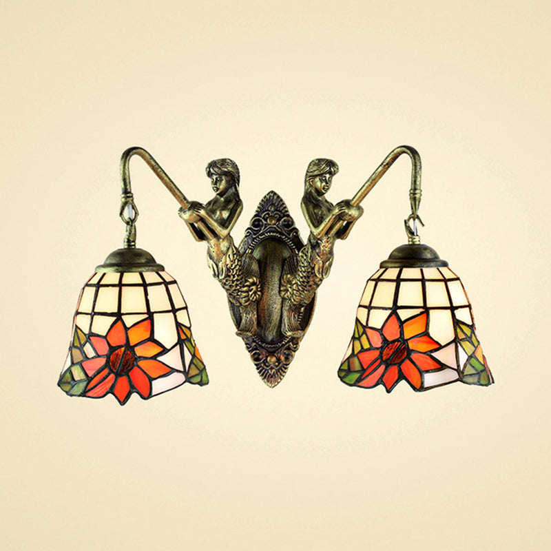 Antique Bronze Bell Wall Mounted Light Tiffany 2 Heads Frosted Glass Mermaid Sconce Light for Bedside Clearhalo 'Industrial' 'Middle century wall lights' 'Tiffany wall lights' 'Tiffany' 'Wall Lamps & Sconces' 'Wall Lights' Lighting' 184612