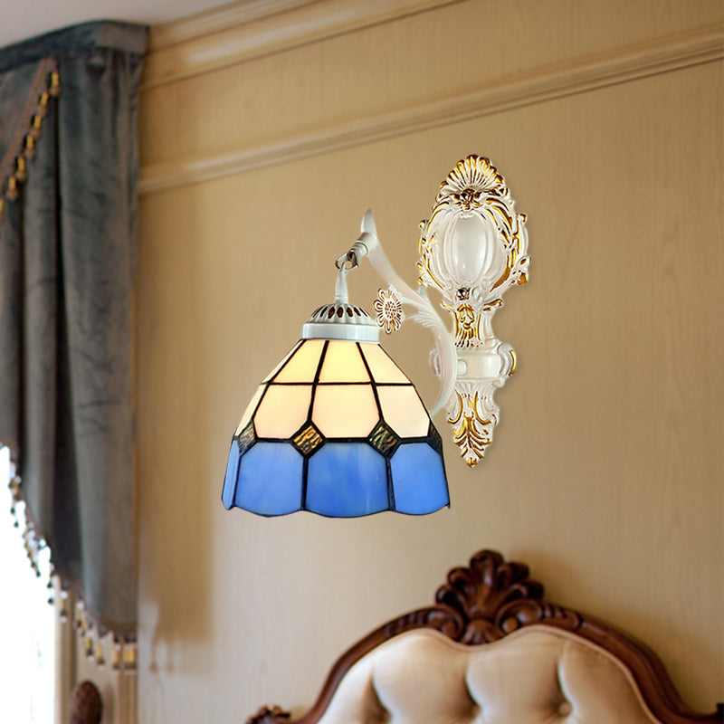 1 Light Dome-Shaped Wall Lighting Retro Style Stained Glass Wall Sconce in White Finish for Foyer Clearhalo 'Industrial' 'Middle century wall lights' 'Tiffany wall lights' 'Tiffany' 'Wall Lamps & Sconces' 'Wall Lights' Lighting' 184929
