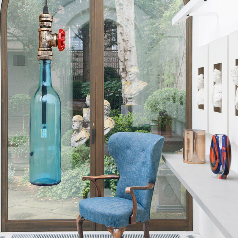 Water Pipe Restaurant Ceiling Fixture with Bottle Shade and Valve Antique Glass 1 Light Blue/Amber Pendant Lighting Blue Clearhalo 'Ceiling Lights' 'Glass shade' 'Glass' 'Industrial Pendants' 'Industrial' 'Middle Century Pendants' 'Pendant Lights' 'Pendants' 'Tiffany' Lighting' 185049