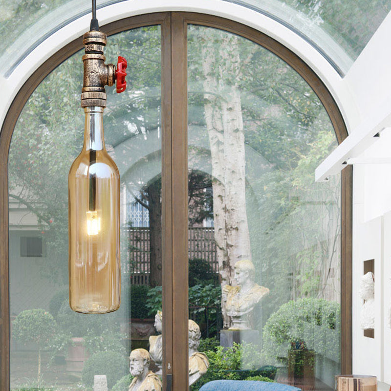 Water Pipe Restaurant Ceiling Fixture with Bottle Shade and Valve Antique Glass 1 Light Blue/Amber Pendant Lighting Amber Clearhalo 'Ceiling Lights' 'Glass shade' 'Glass' 'Industrial Pendants' 'Industrial' 'Middle Century Pendants' 'Pendant Lights' 'Pendants' 'Tiffany' Lighting' 185053