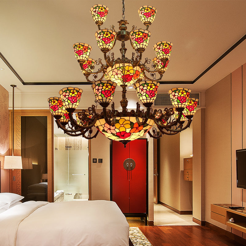 Floral Ceiling Chandelier Pendant Rustic Stained Glass Large Size 3-Tier Inverted Chandelier Red Clearhalo 'Ceiling Lights' 'Chandeliers' Lighting' options 185376_ff29b83f-2729-4611-9174-8c1b49799385