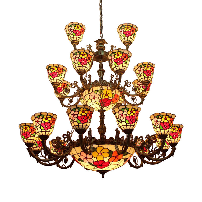 Floral Ceiling Chandelier Pendant Rustic Stained Glass Large Size 3-Tier Inverted Chandelier Clearhalo 'Ceiling Lights' 'Chandeliers' Lighting' options 185377