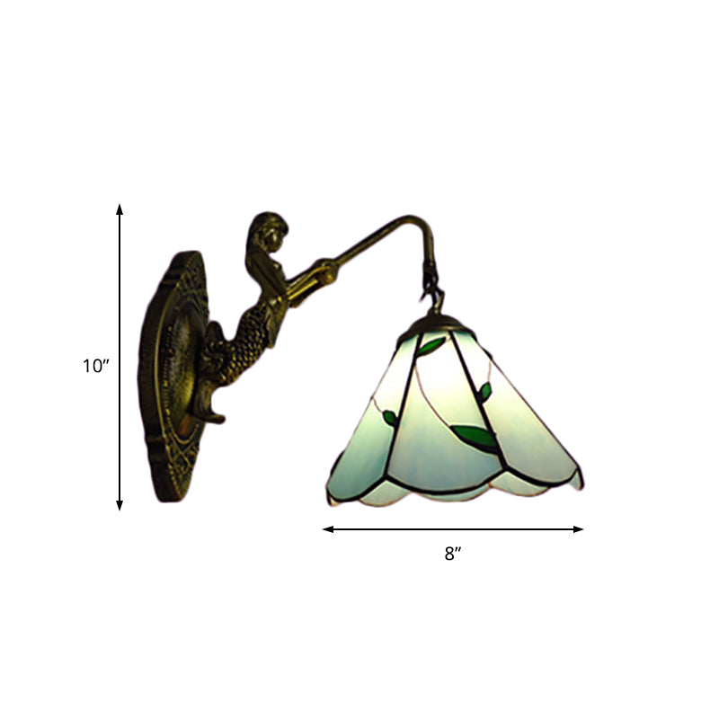 Green Glass Lily Wall Mount Light Tiffany 1 Head Antique Brass Sconce Light for Hallway Clearhalo 'Industrial' 'Middle century wall lights' 'Tiffany wall lights' 'Tiffany' 'Wall Lamps & Sconces' 'Wall Lights' Lighting' 185412