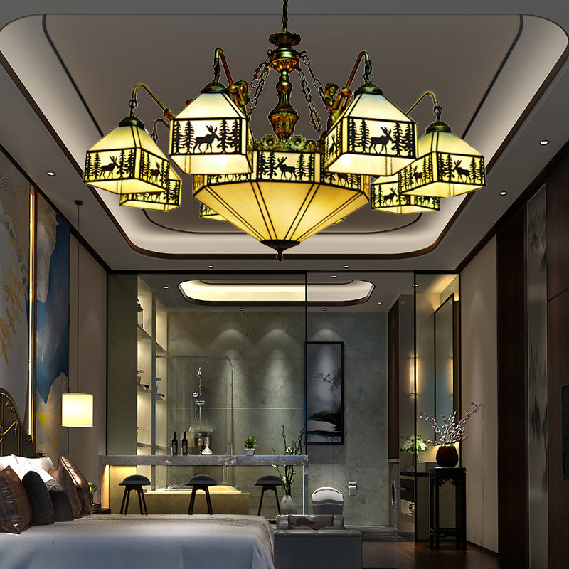 9-Light Small House Inverted Chandelier Country Stained Glass Hanging Fixture Clearhalo 'Ceiling Lights' 'Chandeliers' 'Close To Ceiling Lights' 'Industrial' 'Middle Century Chandeliers' 'Tiffany Chandeliers' 'Tiffany close to ceiling' 'Tiffany' Lighting' 185434