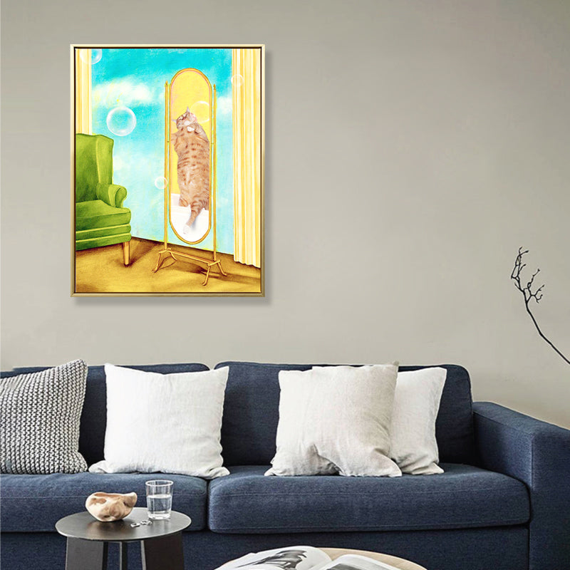 Cat in the Mirror Canvas House Interior Animal Wall Art Decor in Yellow, Textured - Clearhalo - 'Arts' - 'Canvas Art' - 1858833