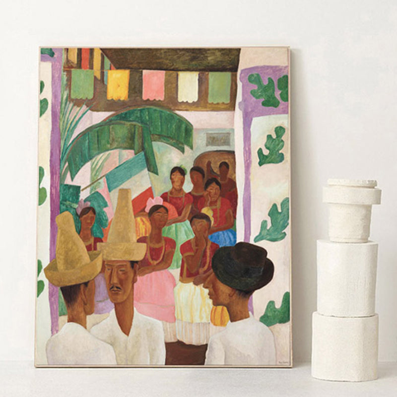 Figure on Street Canvas Print House Interior Oil Paintings Wall Decor in Brown, Textured