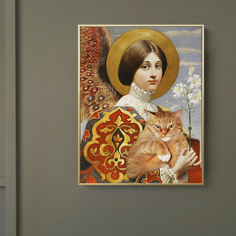 Funky Kids Canvas with Lady and Her Chubby Cat Painting Yellow Wall Art for Home