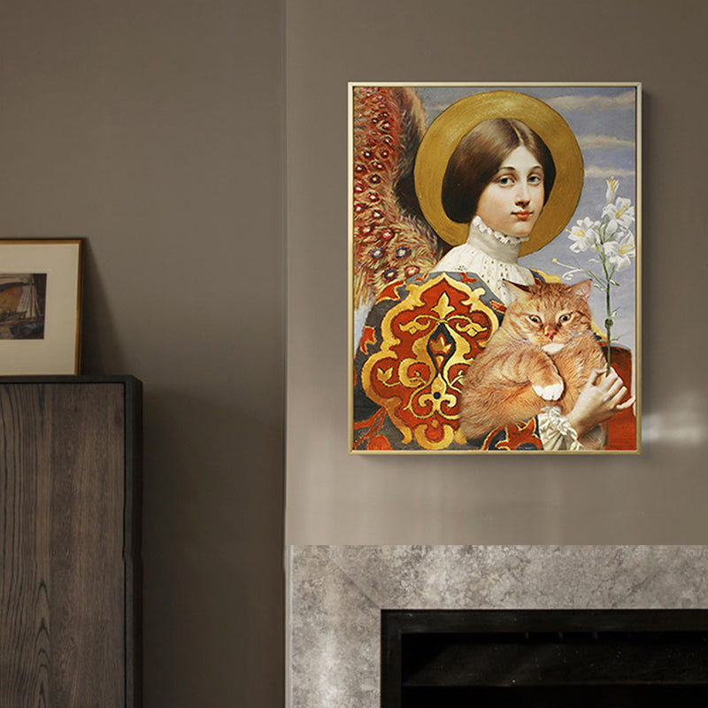 Funky Kids Canvas with Lady and Her Chubby Cat Painting Yellow Wall Art for Home