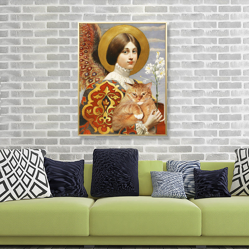 Funky Kids Canvas with Lady and Her Chubby Cat Painting Yellow Wall Art for Home