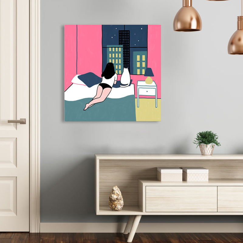 Pink Cat and Girl Graphic Canvas Print Textured Wall Decor for Guest Room, Multiple Size Pink Clearhalo 'Art Gallery' 'Canvas Art' 'Contemporary Art Gallery' 'Modern' Arts' 1860757
