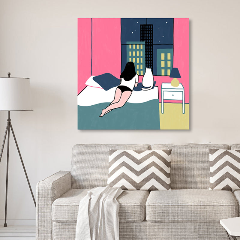 Pink Cat and Girl Graphic Canvas Print Textured Wall Decor for Guest Room, Multiple Size Clearhalo 'Art Gallery' 'Canvas Art' 'Contemporary Art Gallery' 'Modern' Arts' 1860759