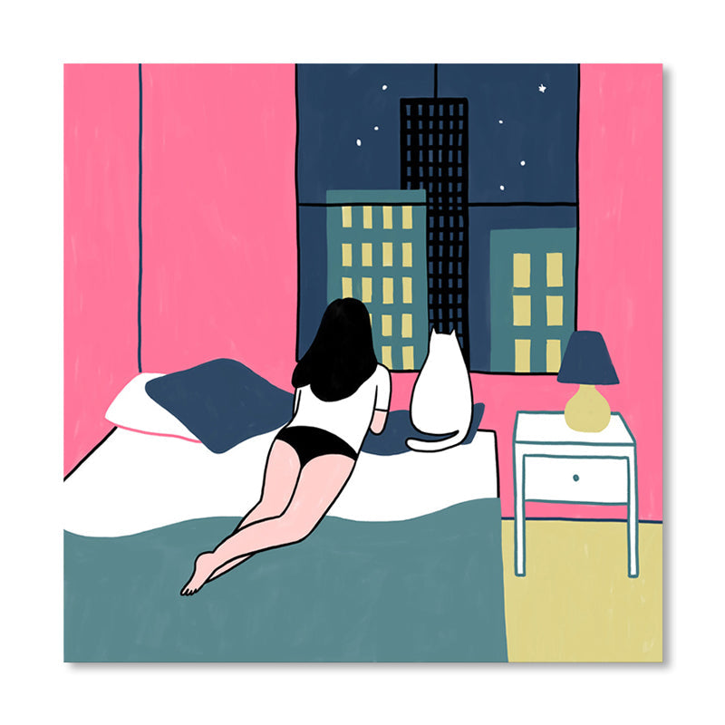 Pink Cat and Girl Graphic Canvas Print Textured Wall Decor for Guest Room, Multiple Size Clearhalo 'Art Gallery' 'Canvas Art' 'Contemporary Art Gallery' 'Modern' Arts' 1860760