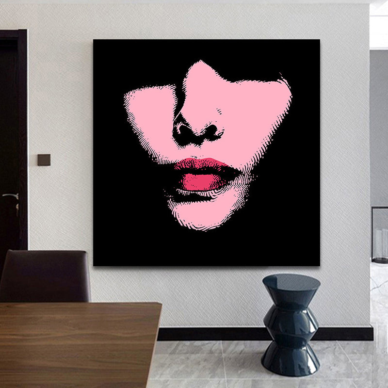 Fashion Girl's Lip Wrapped Canvas Textured Pop Art Style Bedroom Painting in Light Color