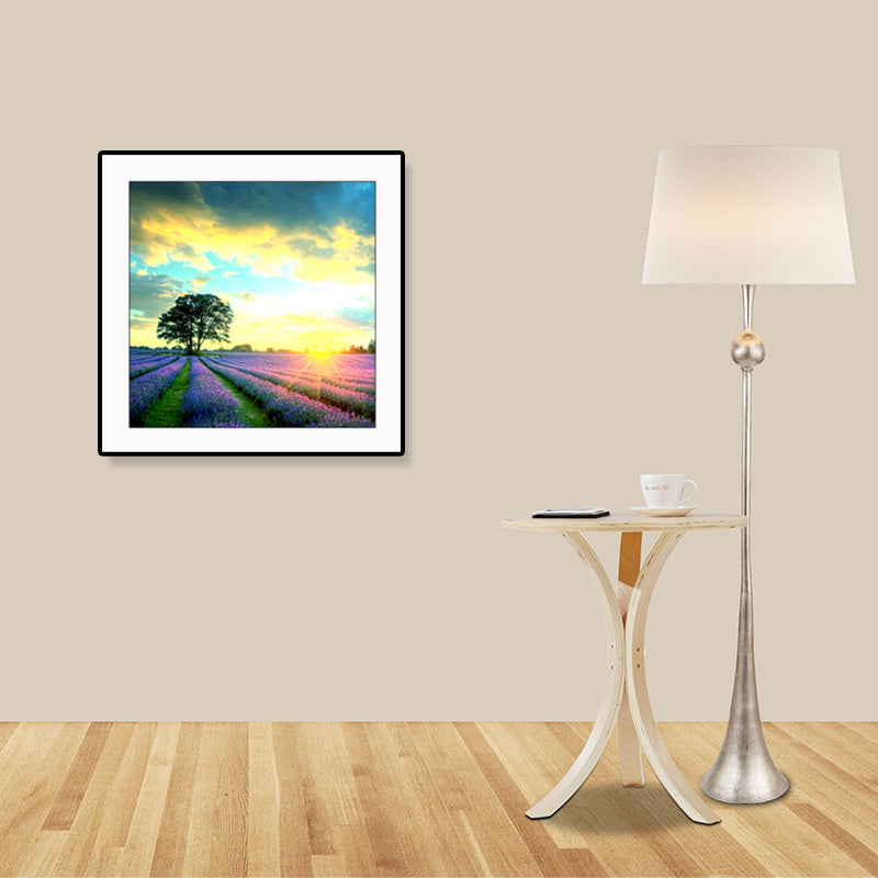 Farmhouse Lavender Landscape Painting Dark Color Living Room Wall Art Print, Textured Yellow Clearhalo 'Art Gallery' 'Canvas Art' 'Country Art Gallery' 'French Country' 'Rustic' Arts' 1861435