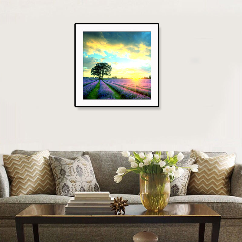 Farmhouse Lavender Landscape Painting Dark Color Living Room Wall Art Print, Textured Clearhalo 'Art Gallery' 'Canvas Art' 'Country Art Gallery' 'French Country' 'Rustic' Arts' 1861436